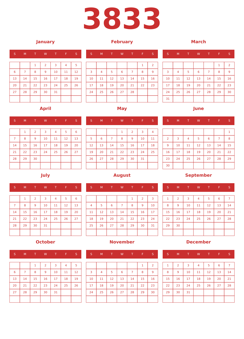 Printable 3833 Year Calendars red