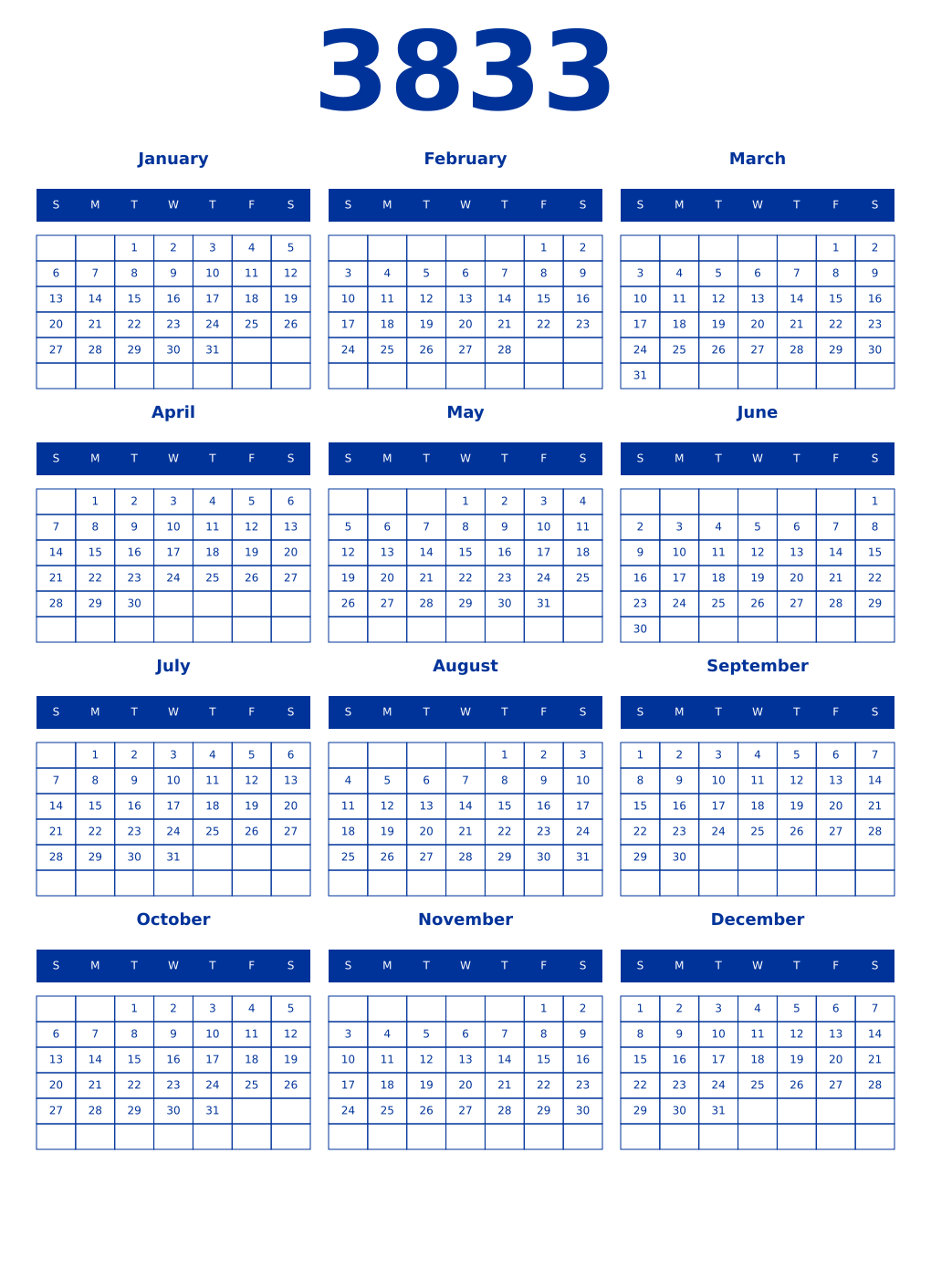 Printable 3833 Year Calendars smalt