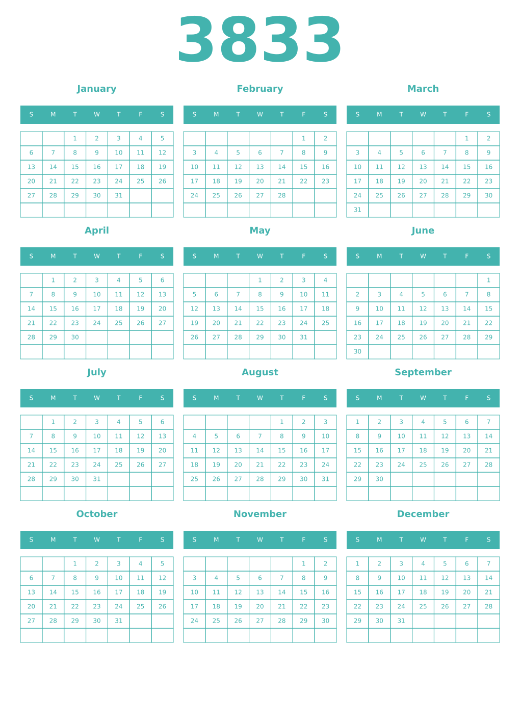 Printable 3833 Year Calendars verdigris