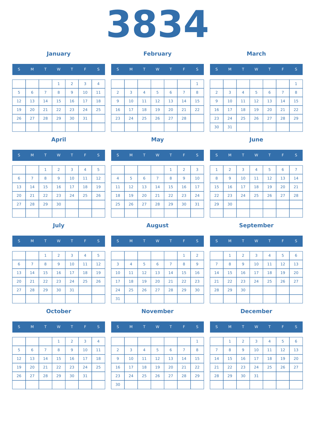 Printable 3834 Year Calendars blue