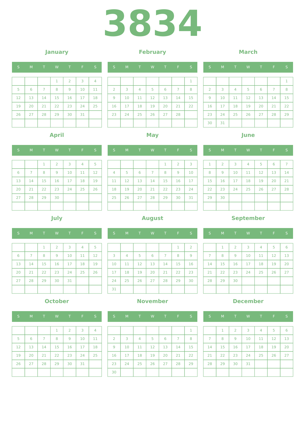 Printable 3834 Year Calendars celadon