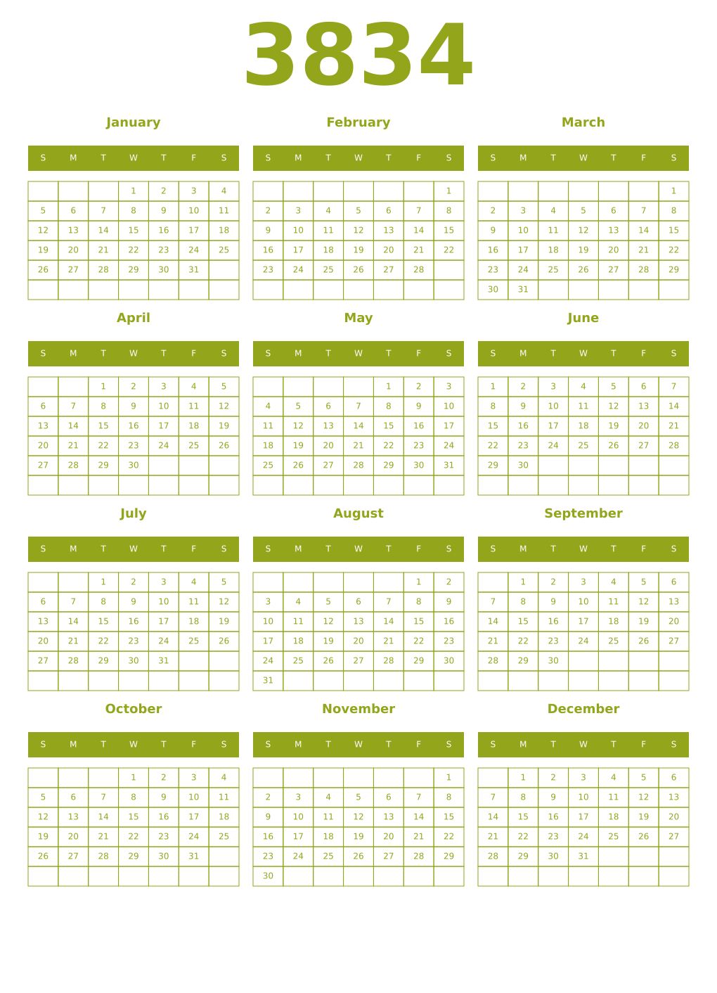 Printable 3834 Year Calendars chartreuse