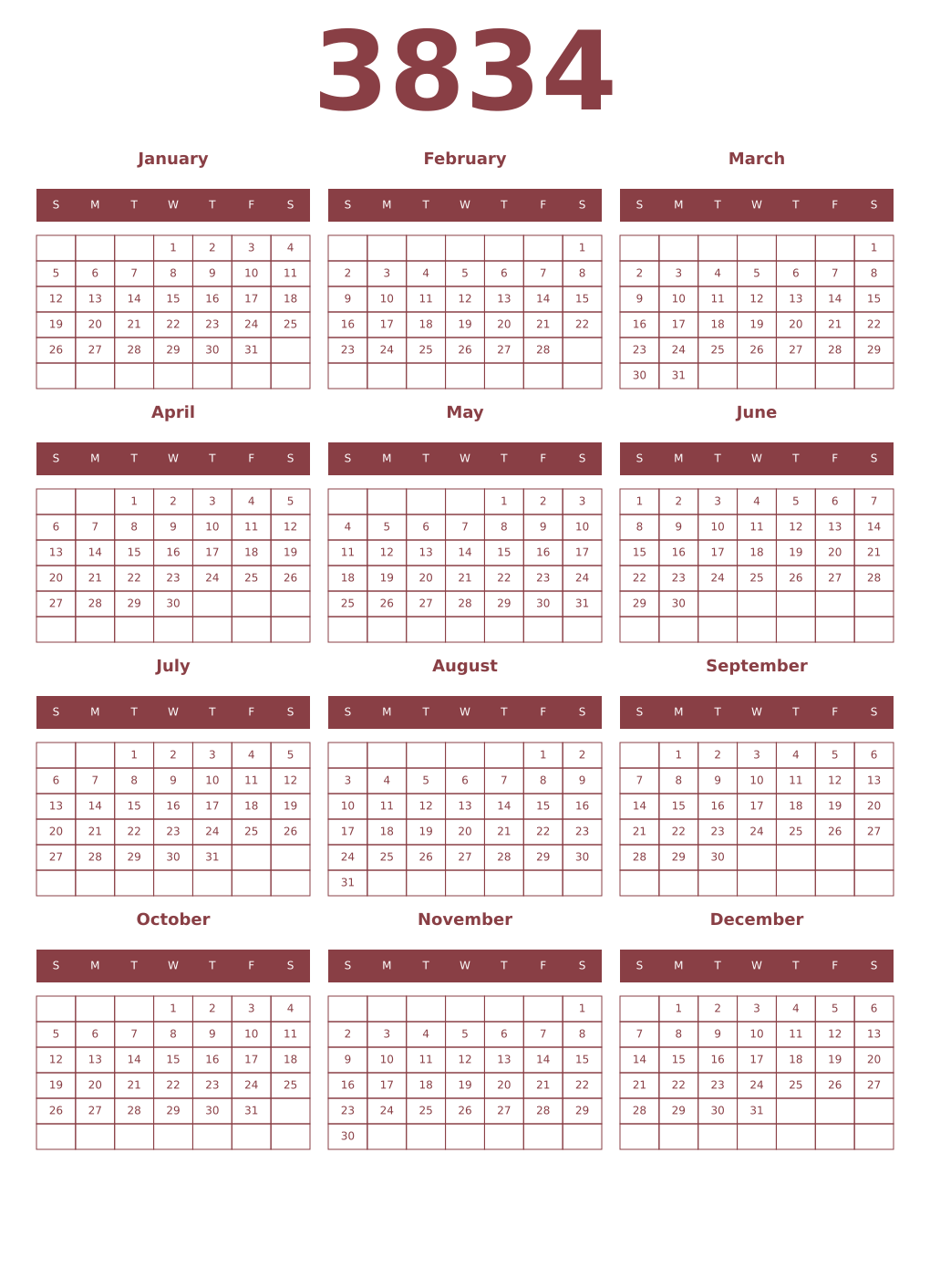 Printable 3834 Year Calendars cordovan