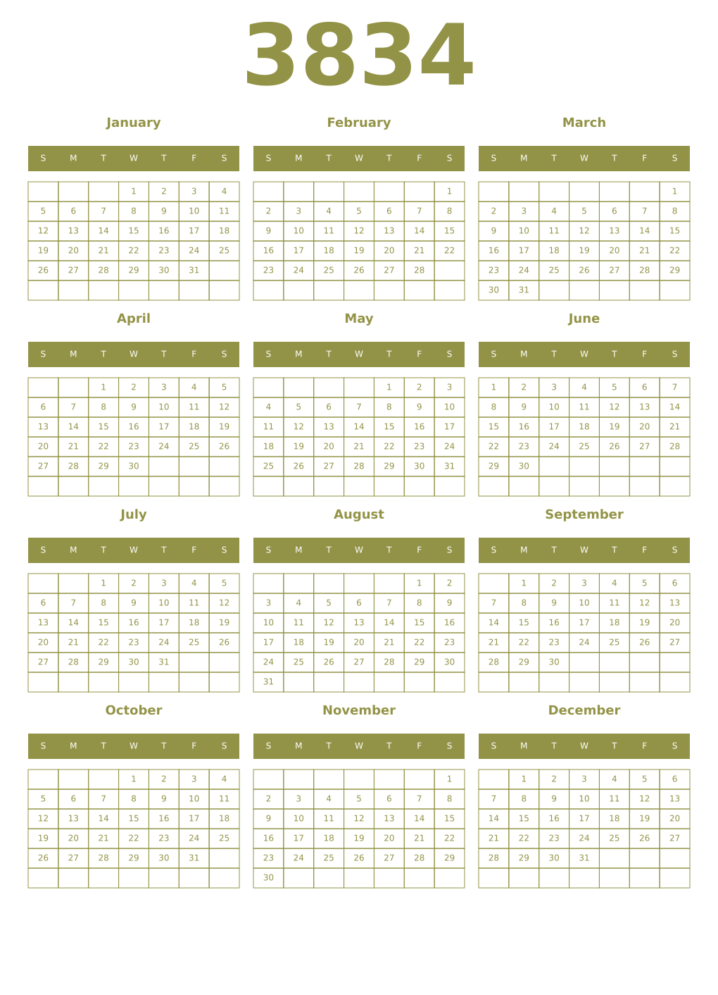 Printable 3834 Year Calendars eburnean