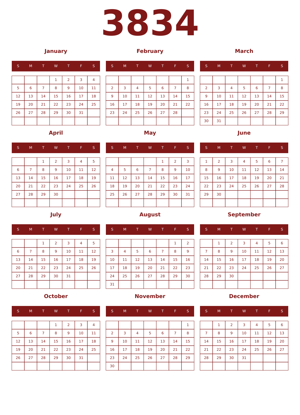 Printable 3834 Year Calendars falu