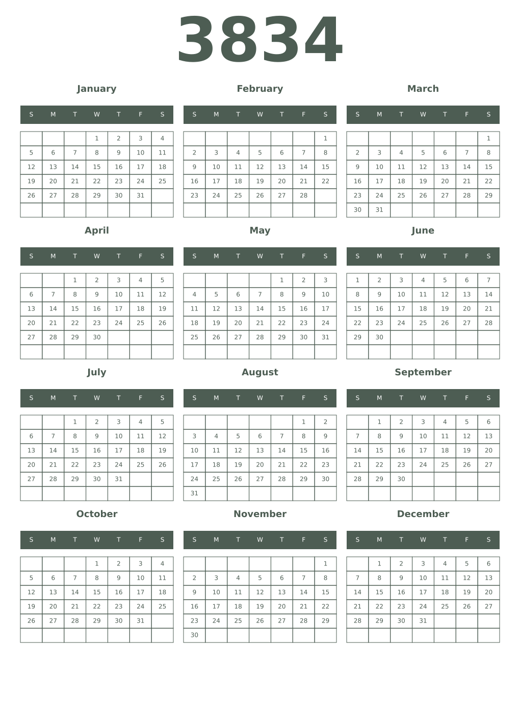Printable 3834 Year Calendars feldgrau