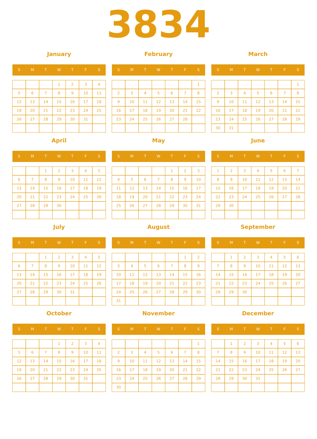 Printable 3834 Year Calendars gamboge