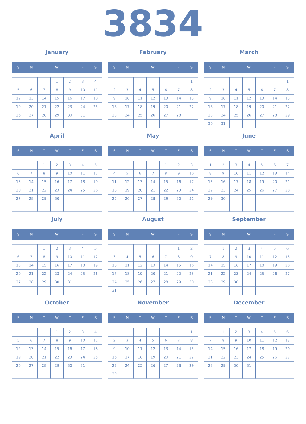 Printable 3834 Year Calendars glaucous