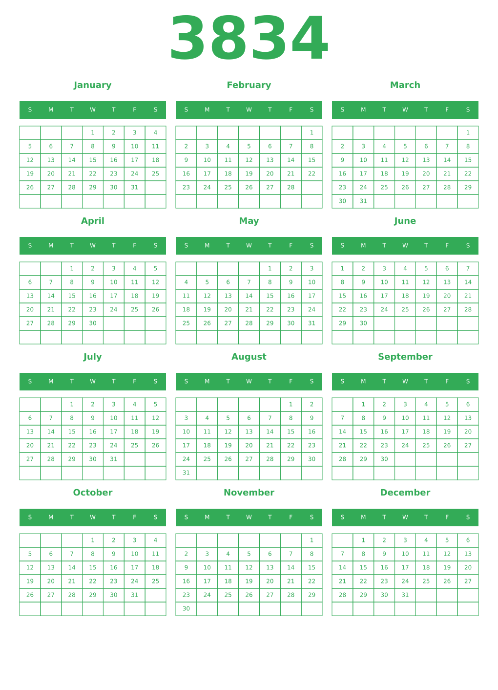 Printable 3834 Year Calendars green