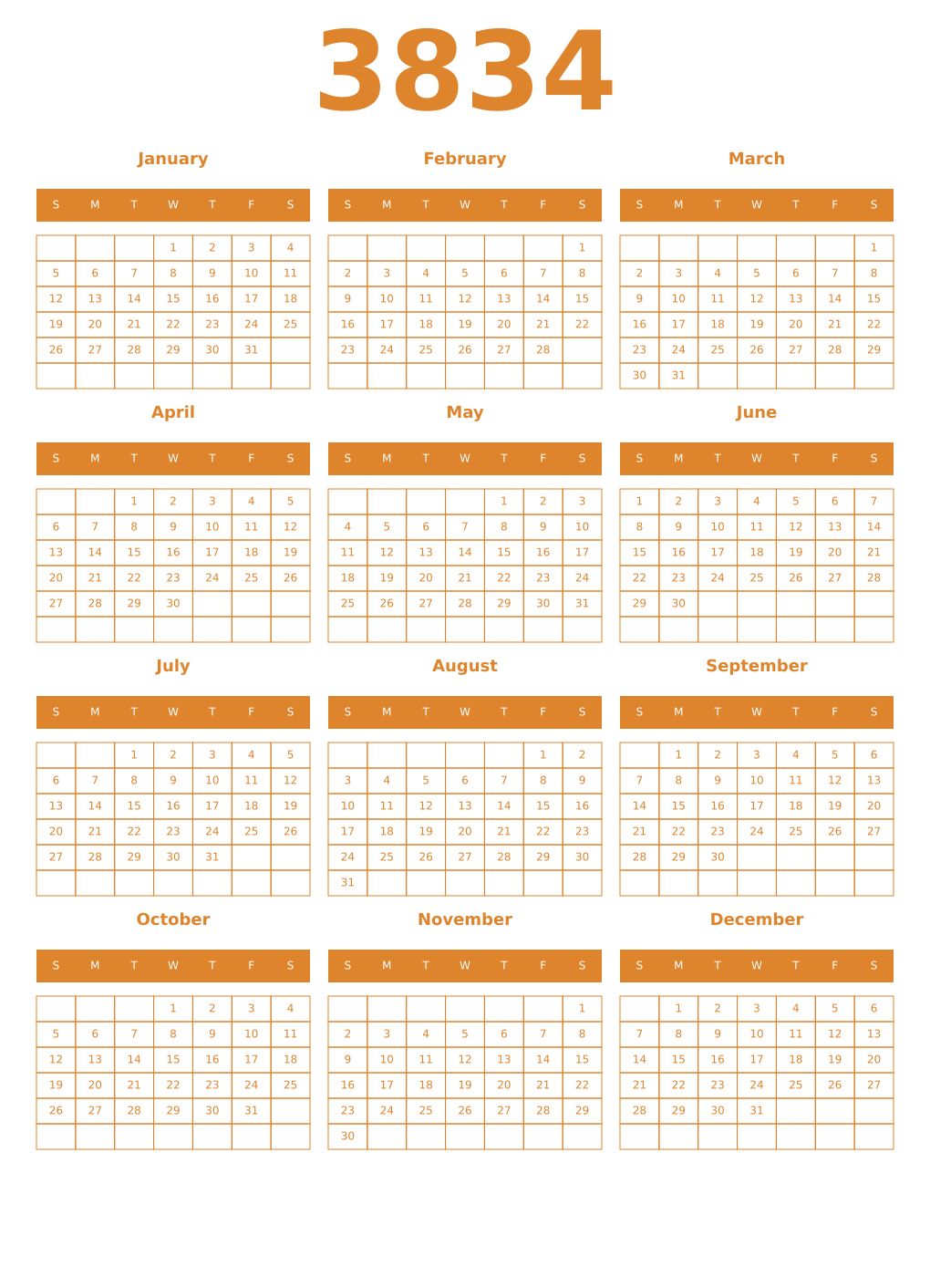 Printable 3834 Year Calendars orange