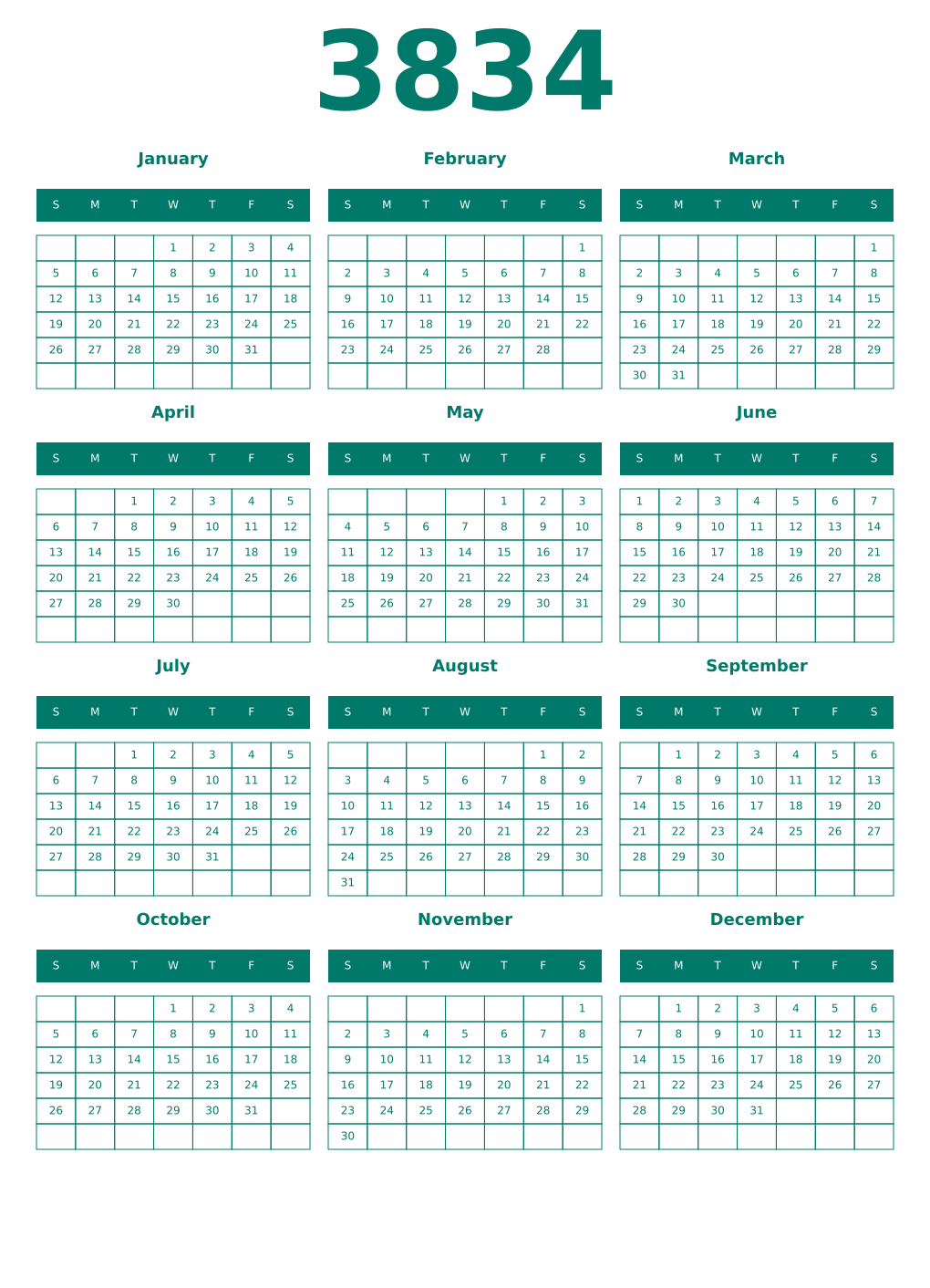Printable 3834 Year Calendars pastel