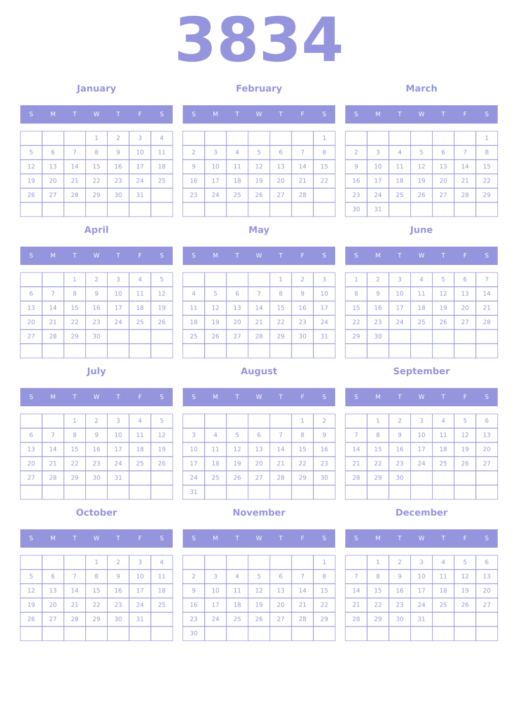 Printable 3834 Year Calendars periwinkle