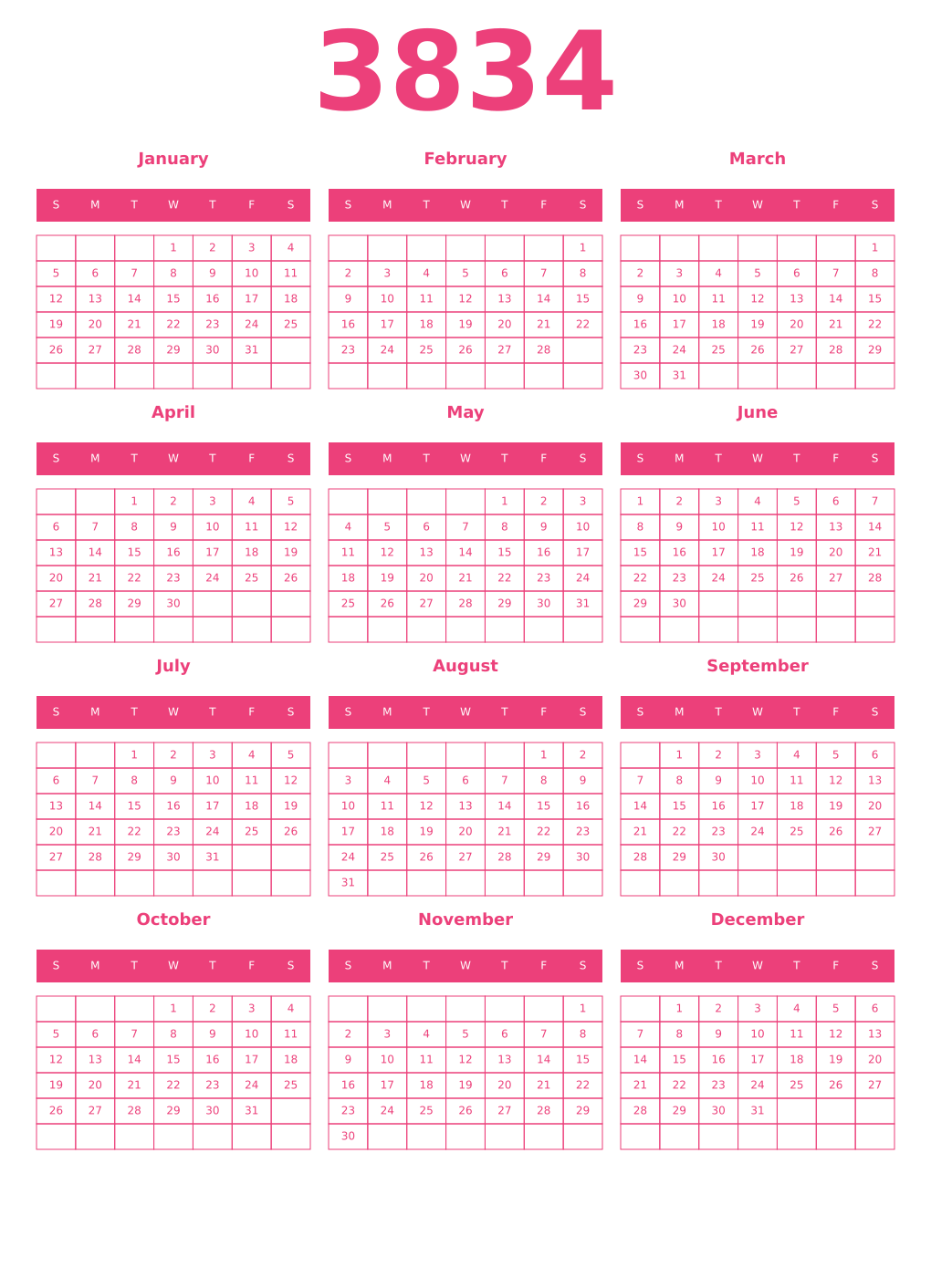 Printable 3834 Year Calendars pink