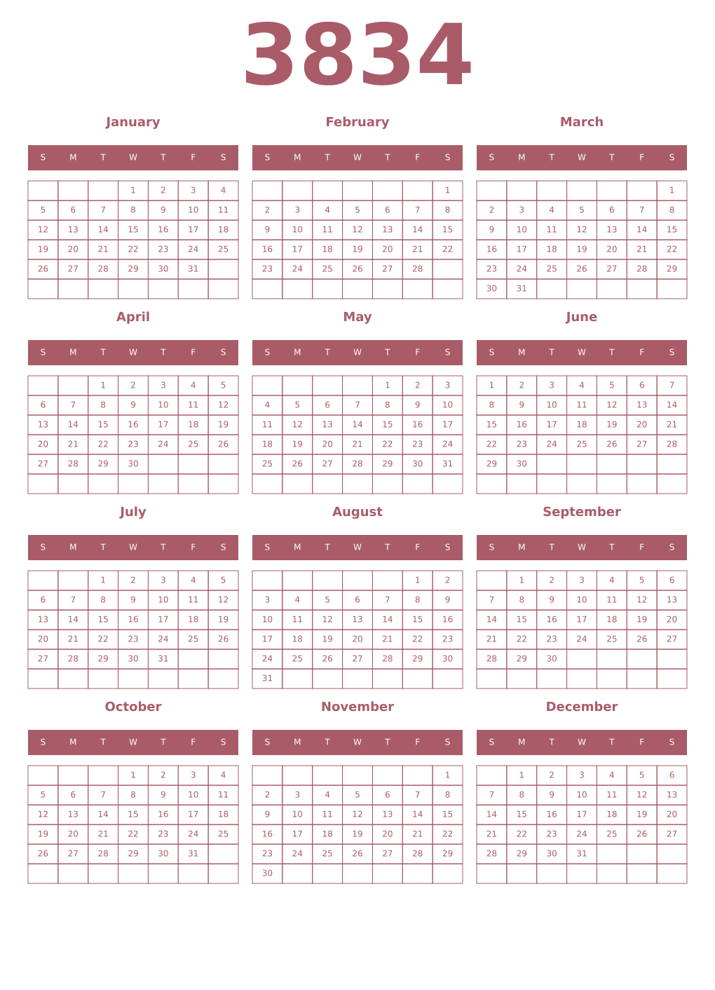 Printable 3834 Year Calendars puce