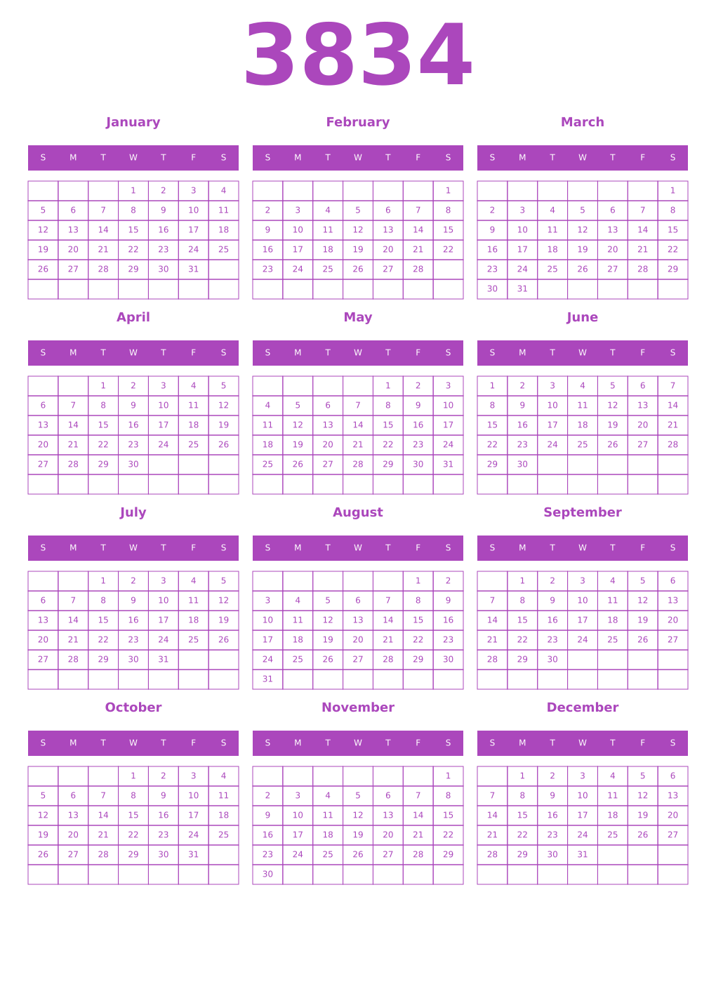 Printable 3834 Year Calendars purple