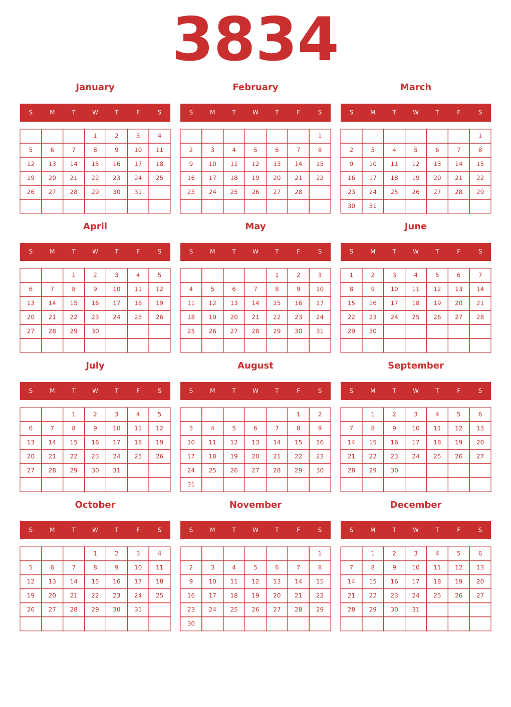 Printable 3834 Year Calendars red