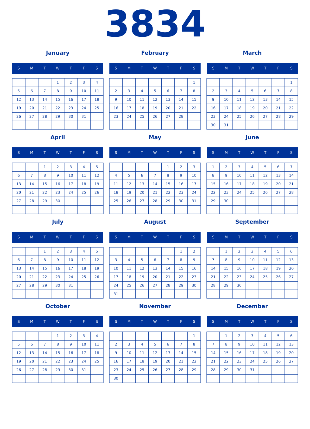 Printable 3834 Year Calendars smalt