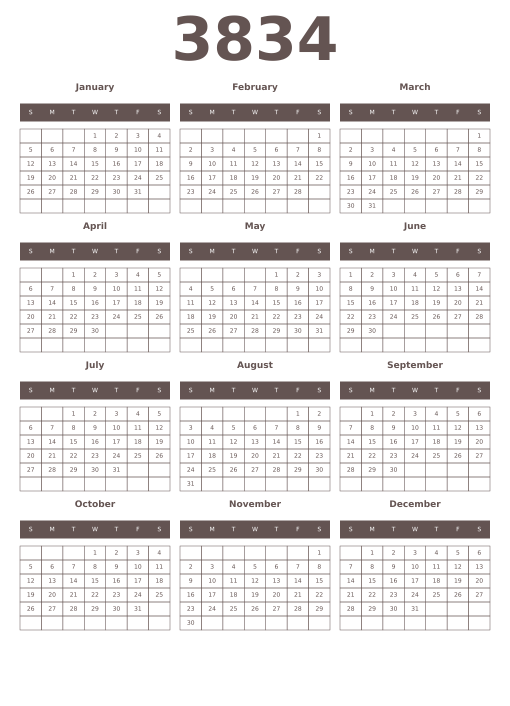 Printable 3834 Year Calendars wenge
