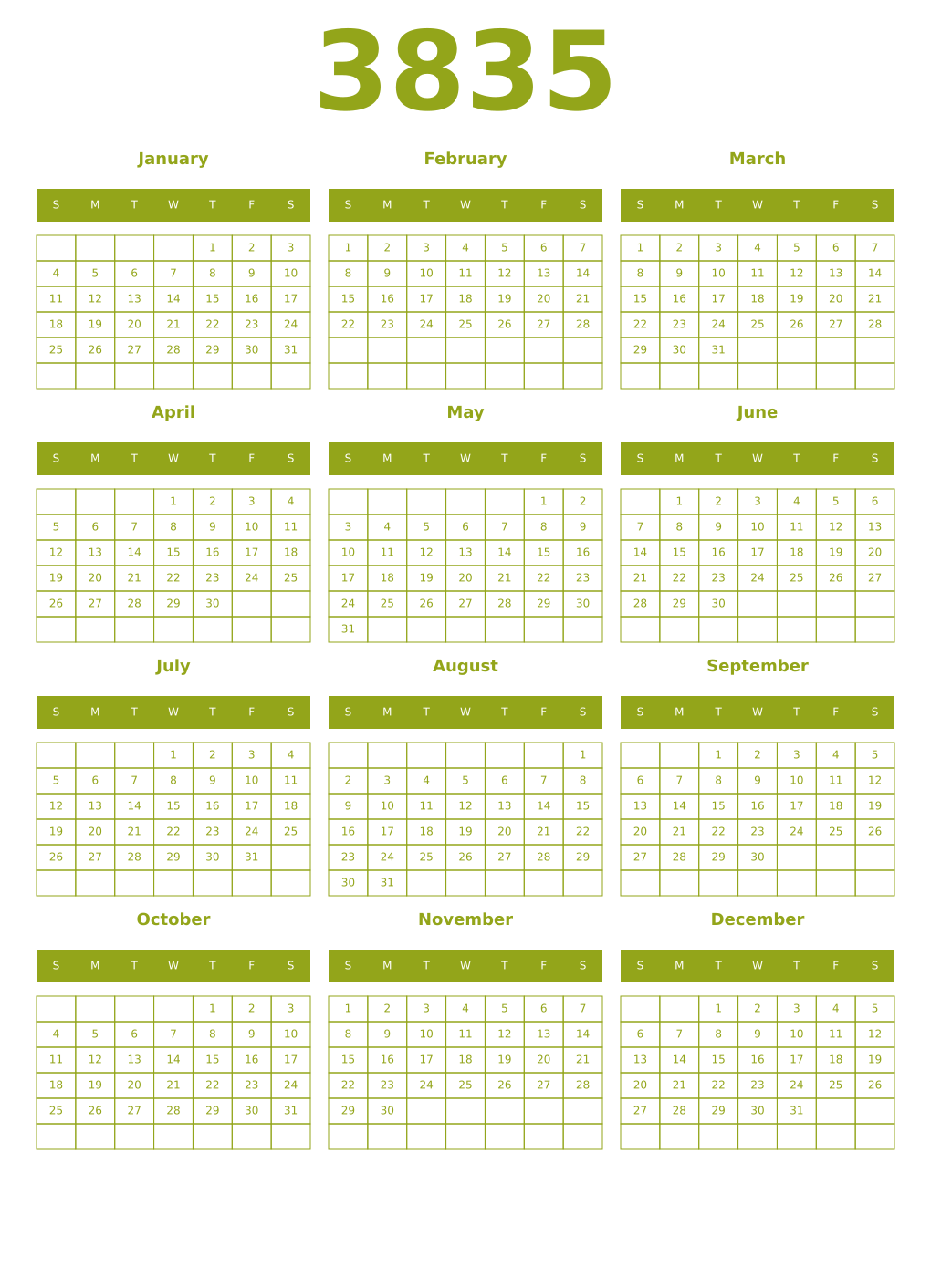 Printable 3835 Year Calendars chartreuse