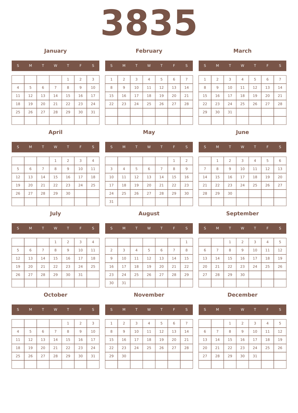 Printable 3835 Year Calendars coffe