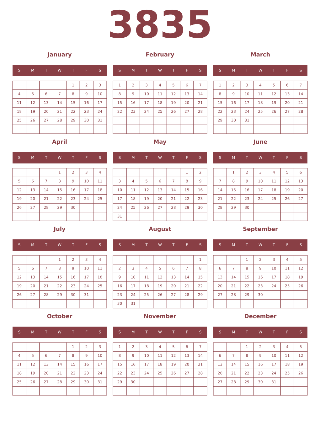 Printable 3835 Year Calendars cordovan