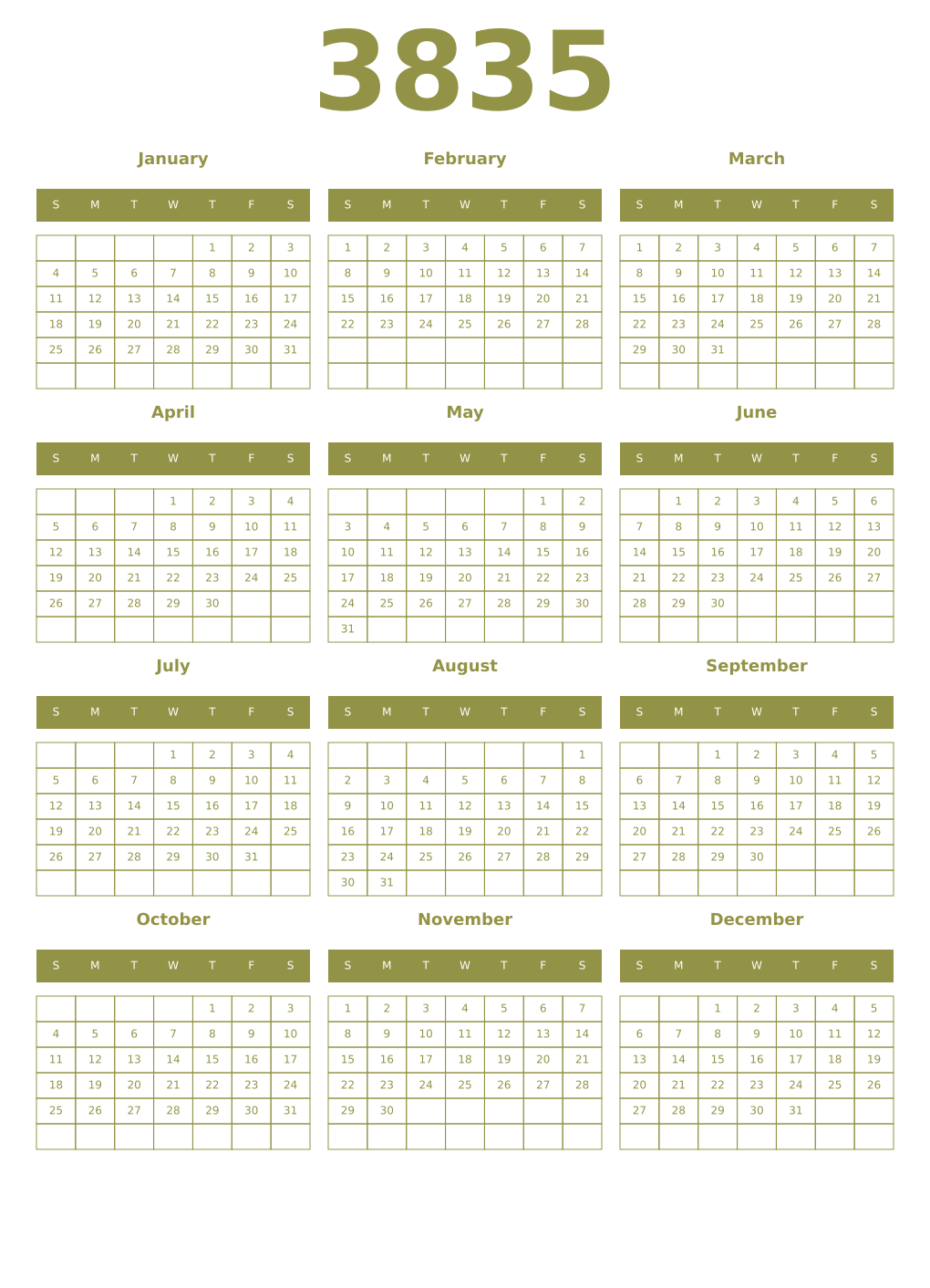 Printable 3835 Year Calendars eburnean