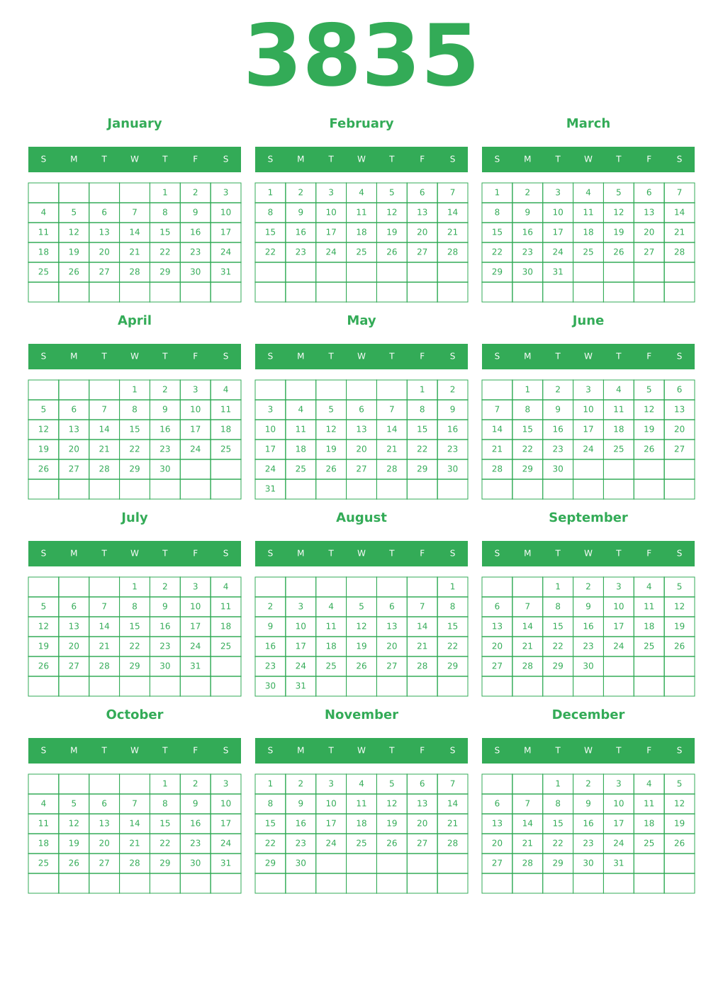 Printable 3835 Year Calendars green