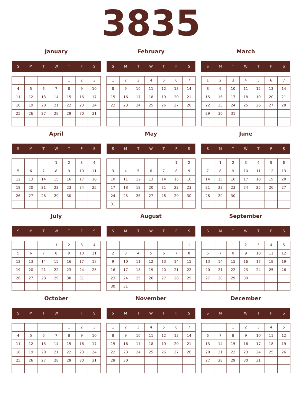 Printable 3835 Year Calendars mortuum
