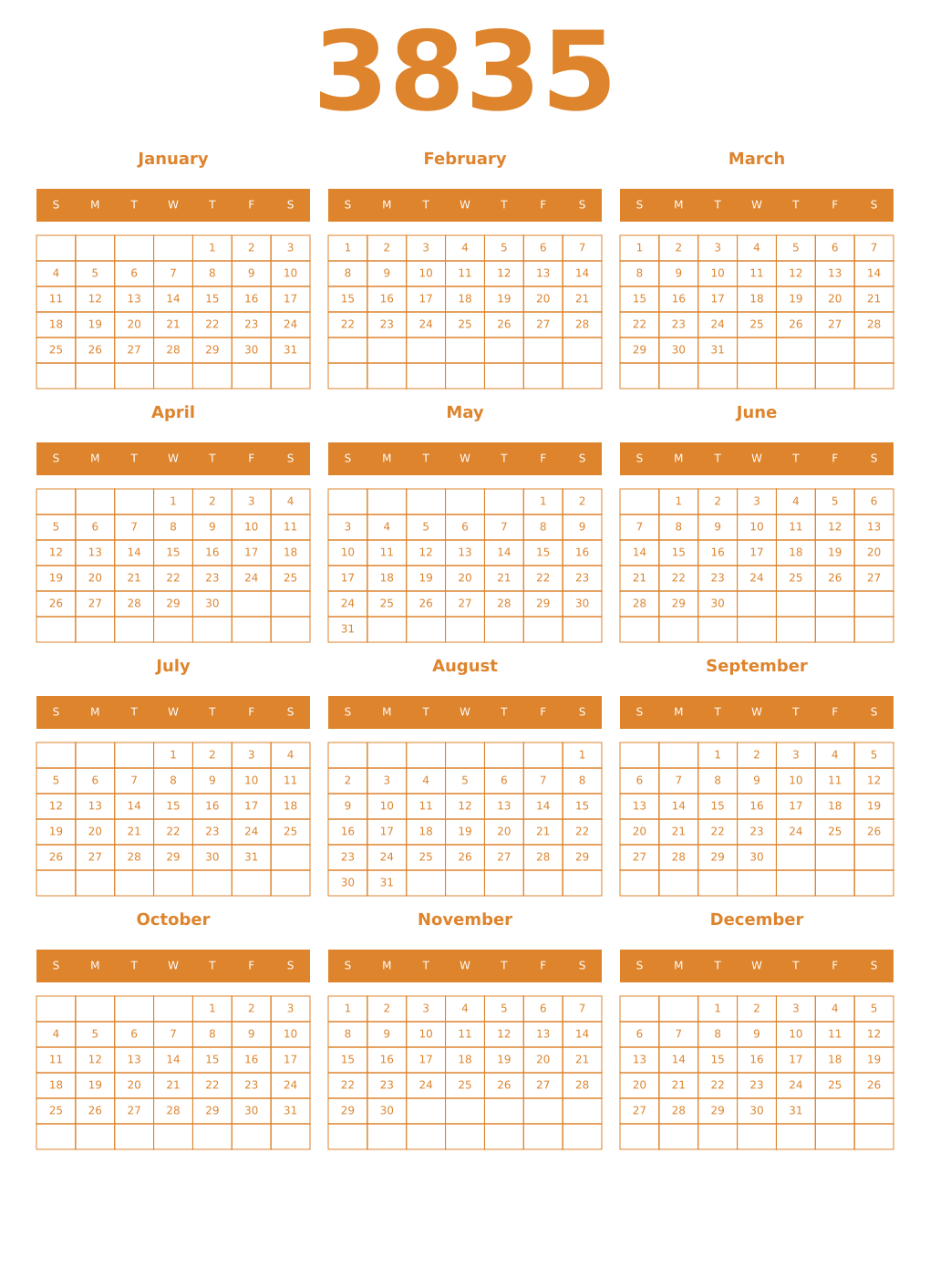 Printable 3835 Year Calendars orange