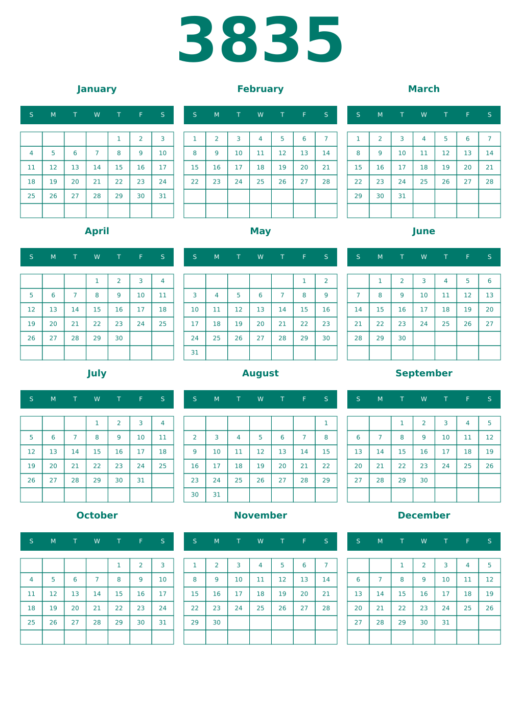 Printable 3835 Year Calendars pastel