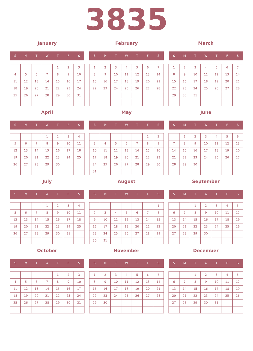 Printable 3835 Year Calendars puce