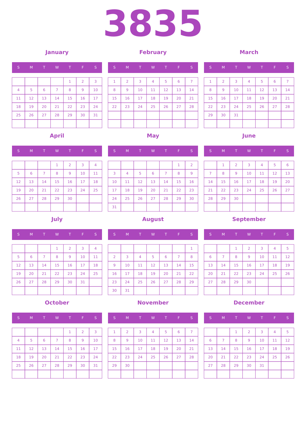 Printable 3835 Year Calendars purple