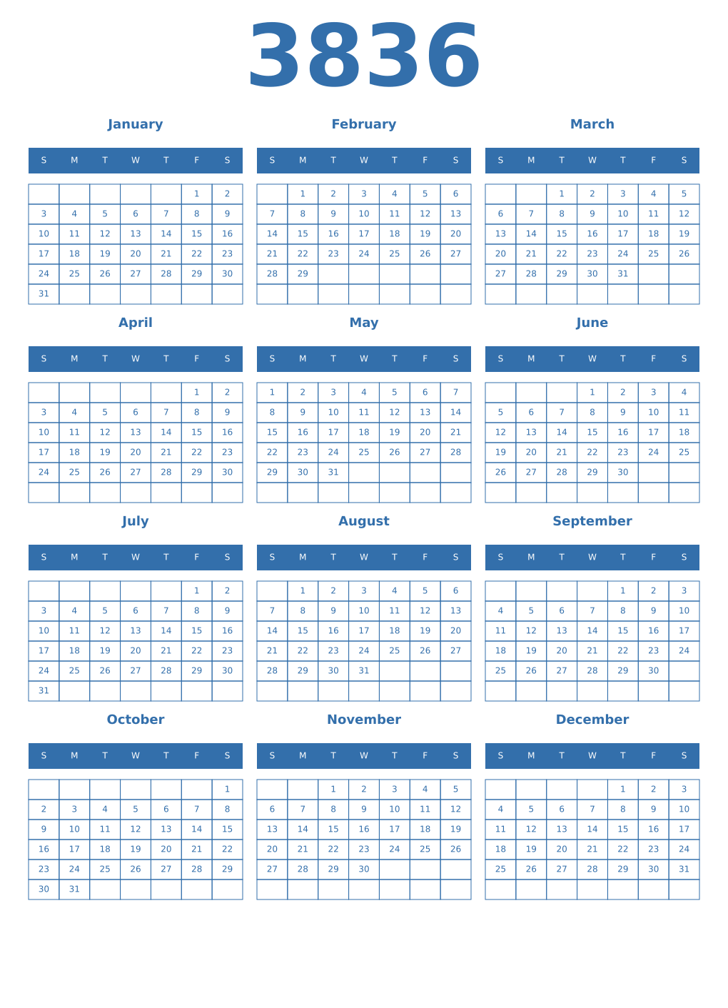 Printable 3836 Year Calendars blue