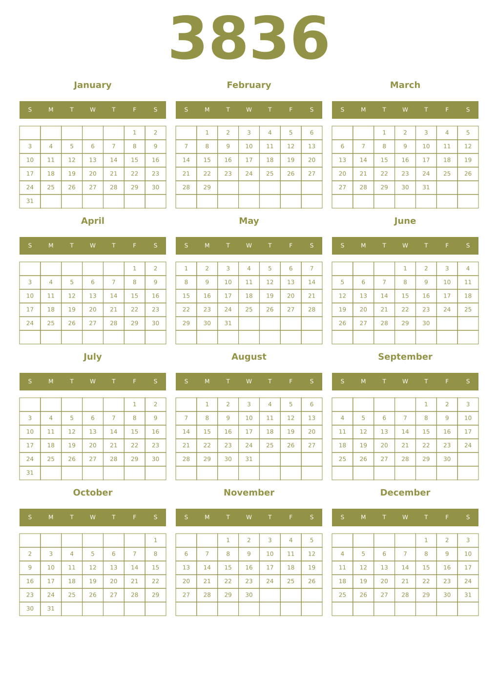 Printable 3836 Year Calendars eburnean
