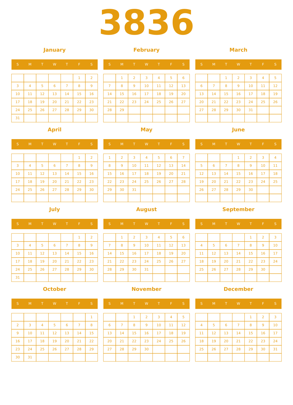 Printable 3836 Year Calendars gamboge