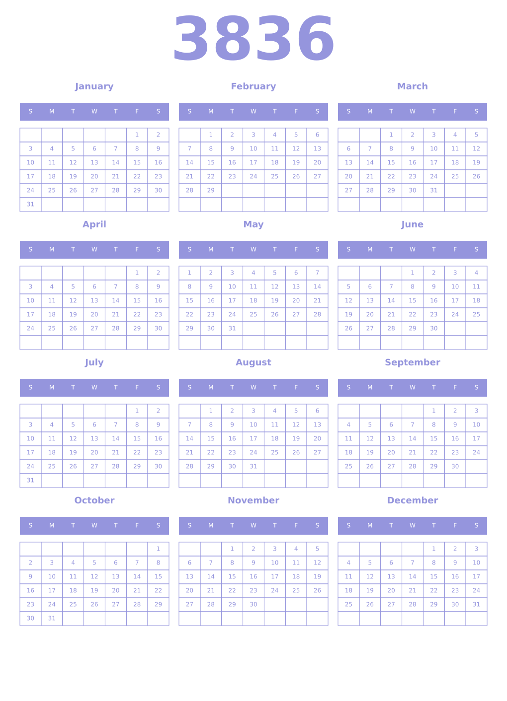 Printable 3836 Year Calendars periwinkle