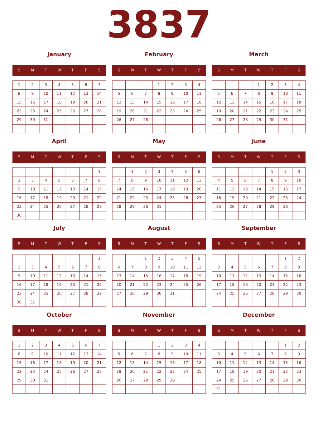 Printable 3837 Year Calendars falu