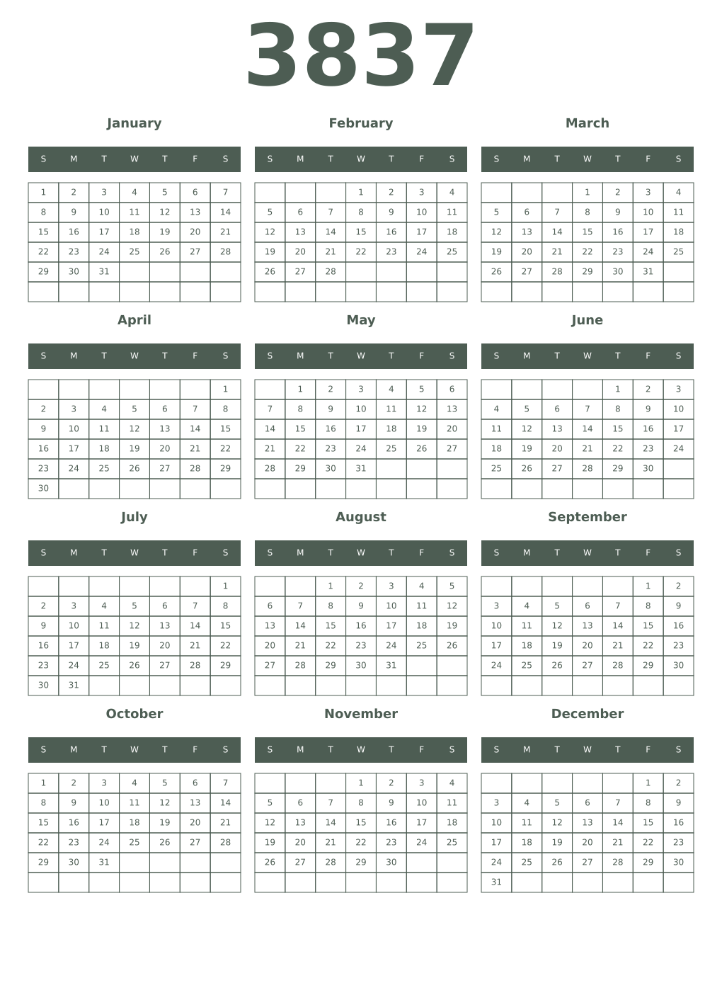 Printable 3837 Year Calendars feldgrau