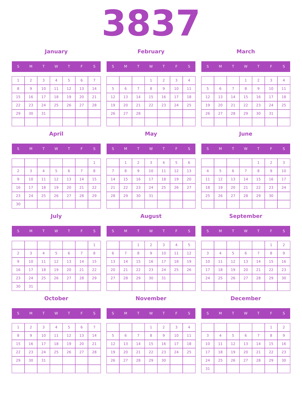 Printable 3837 Year Calendars purple