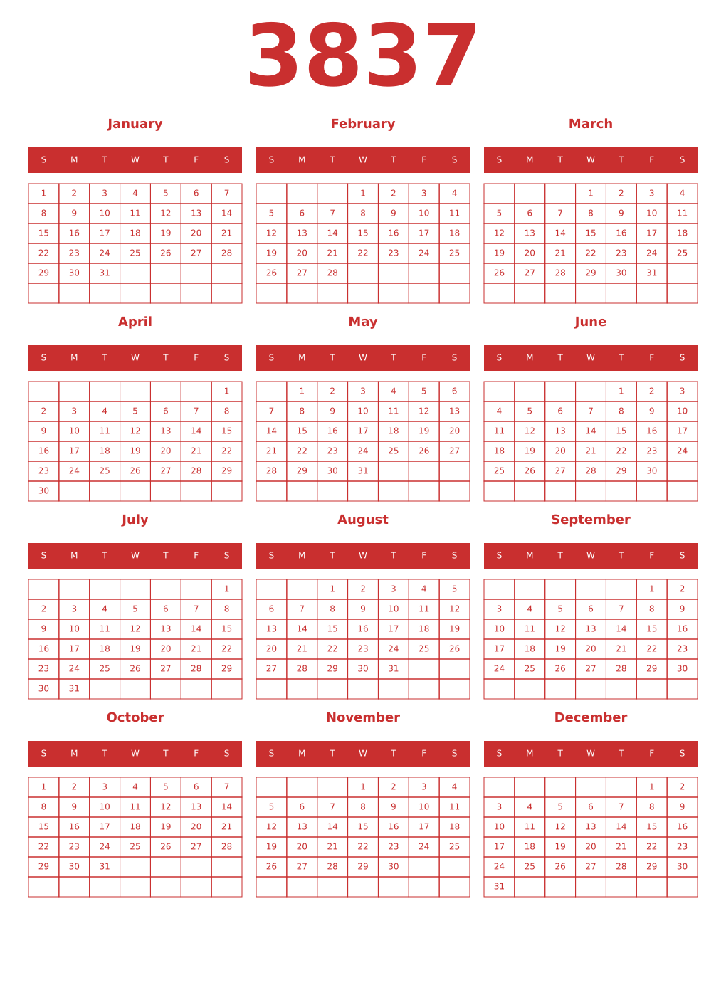 Printable 3837 Year Calendars red
