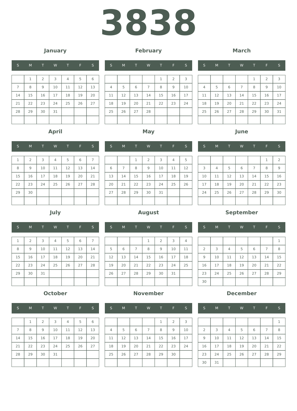 Printable 3838 Year Calendars feldgrau