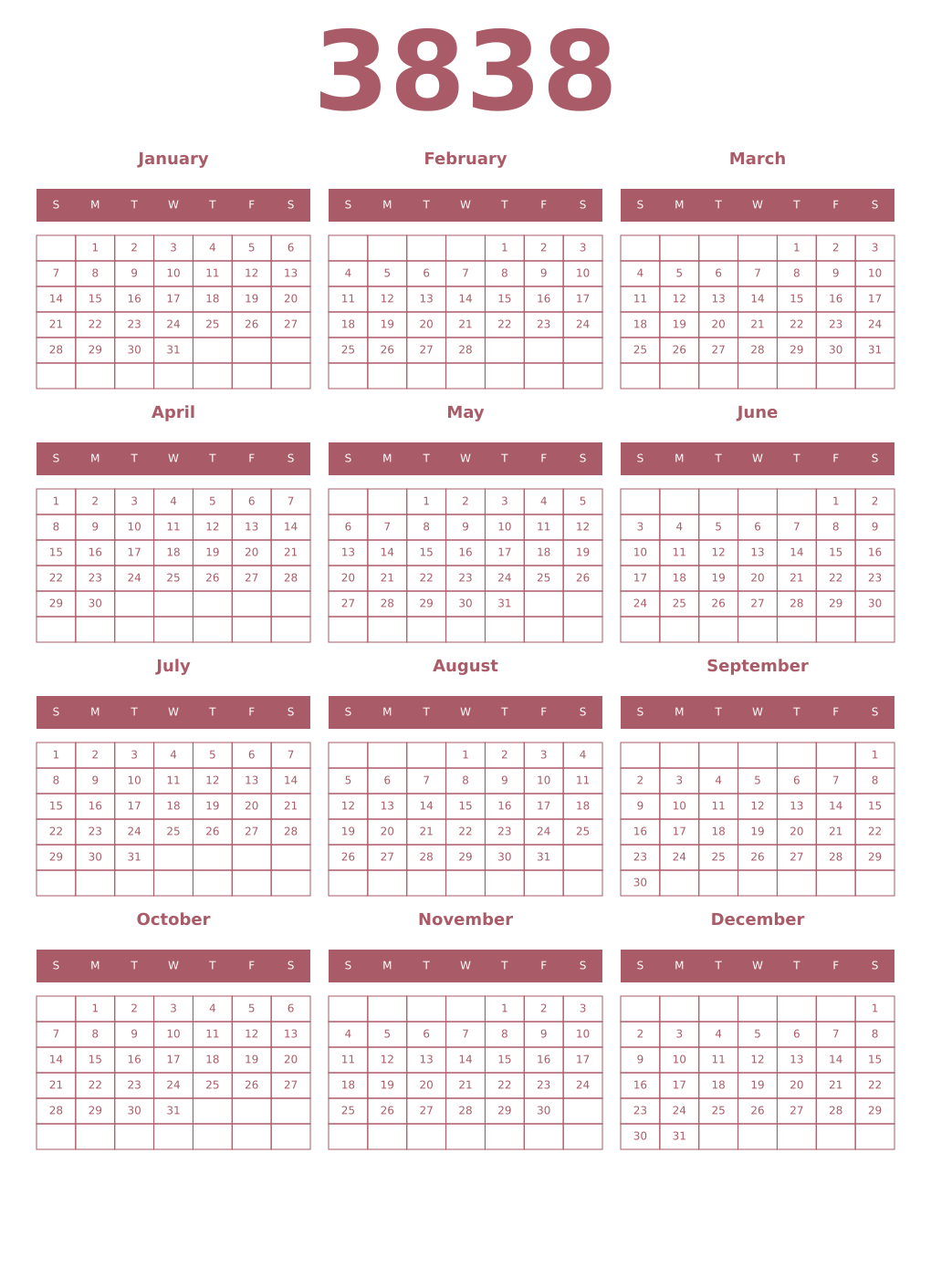 Printable 3838 Year Calendars puce