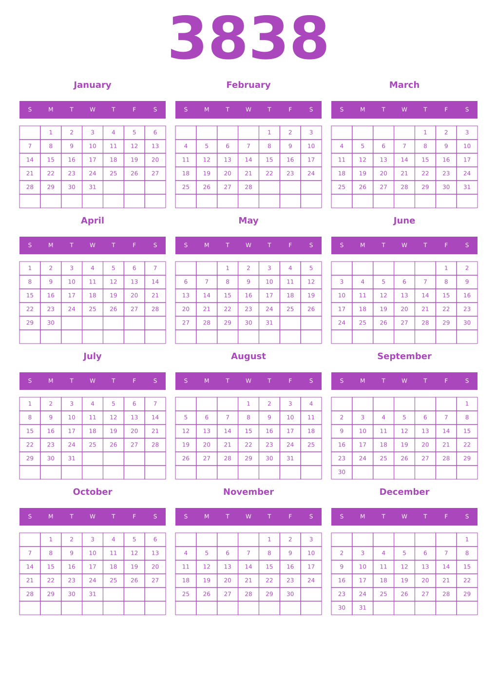 Printable 3838 Year Calendars purple