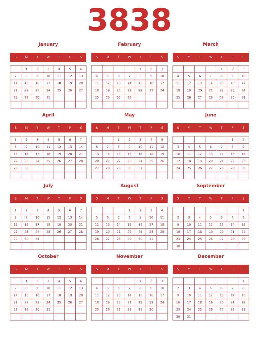 Printable 3838 Year Calendars red
