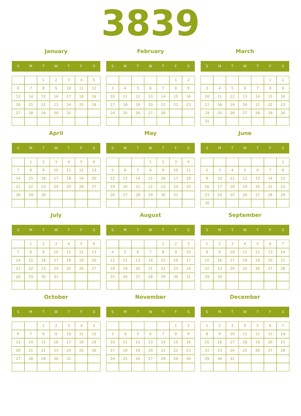 Printable 3839 Year Calendars chartreuse