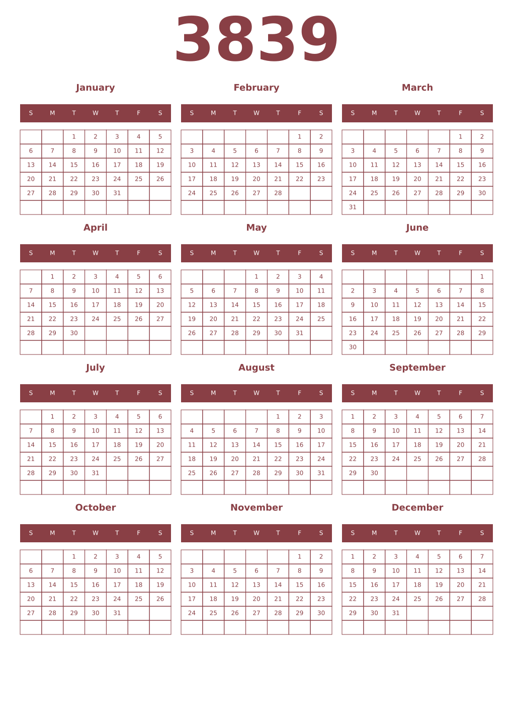 Printable 3839 Year Calendars cordovan