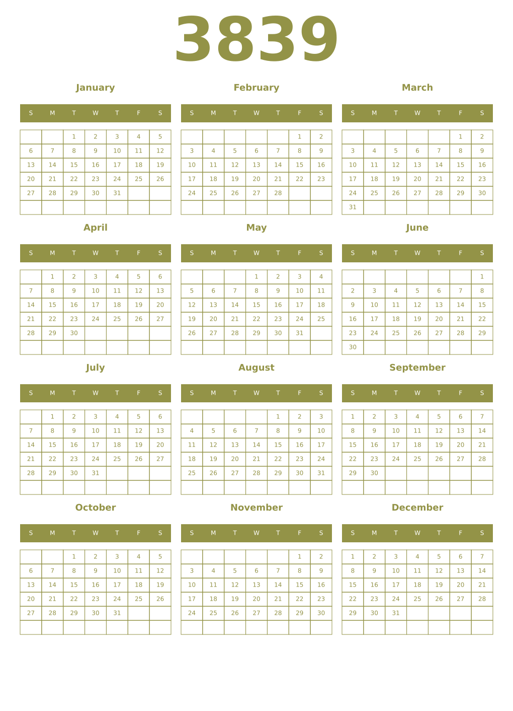 Printable 3839 Year Calendars eburnean