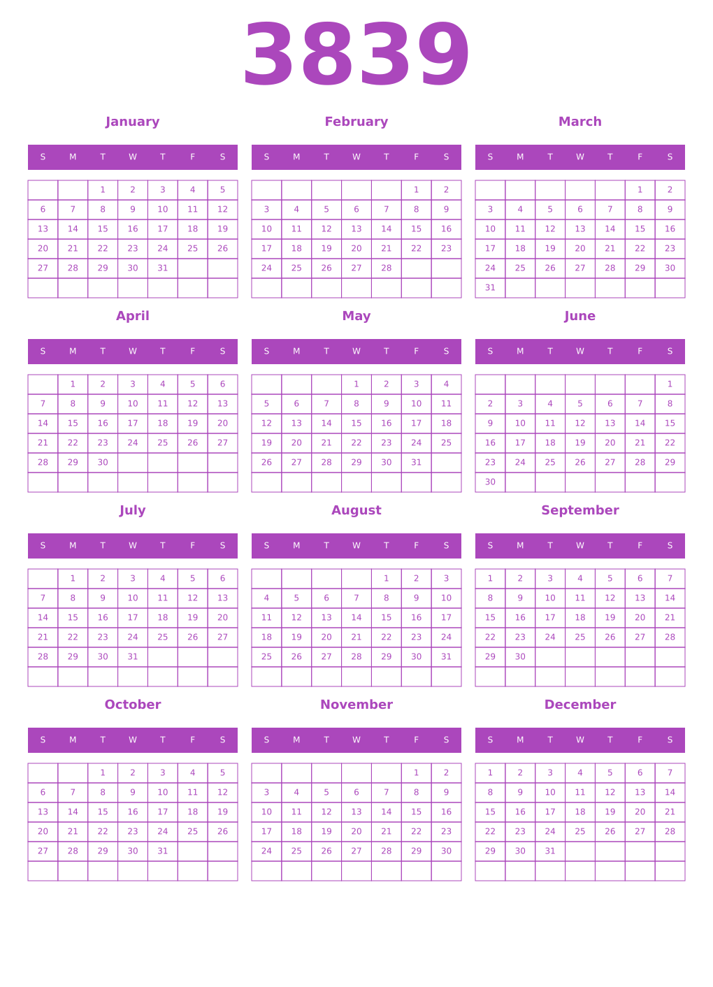 Printable 3839 Year Calendars purple