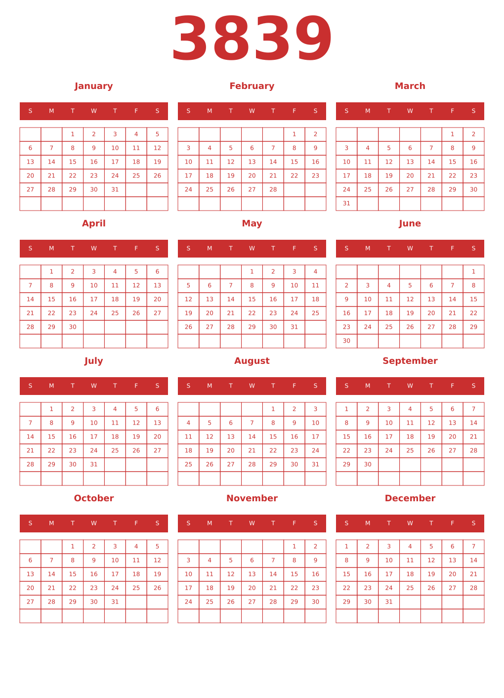 Printable 3839 Year Calendars red
