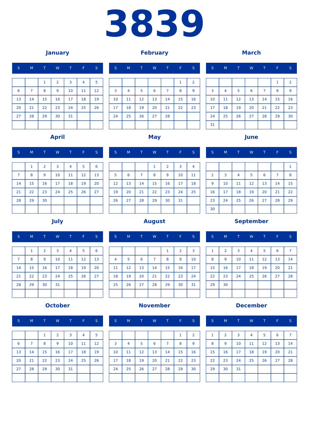 Printable 3839 Year Calendars smalt